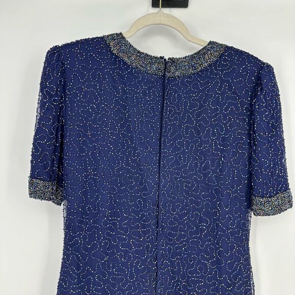 Vintage Laurence Kazar Silk All Over Beaded Mini Dress Size L Navy Cocktail - Picture 10 of 13